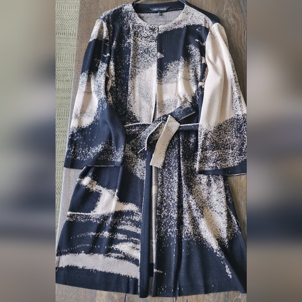 🔥MING WANG ((Pristine!!)) Abstract Jacquard Belted Knit JacketSize LARGE